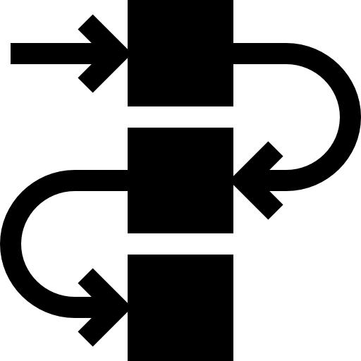 Icon depicting a process flow, with three blocks linked using a one-directional arrow going through all three. 