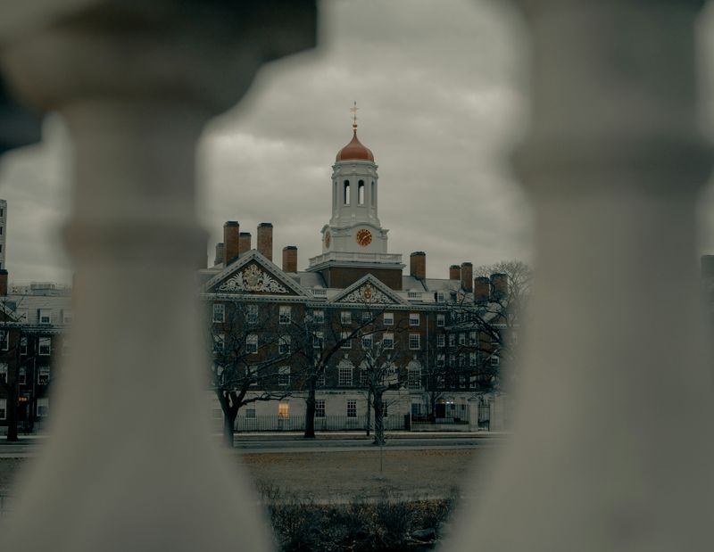 Looking through pillars at an American university in the distance.