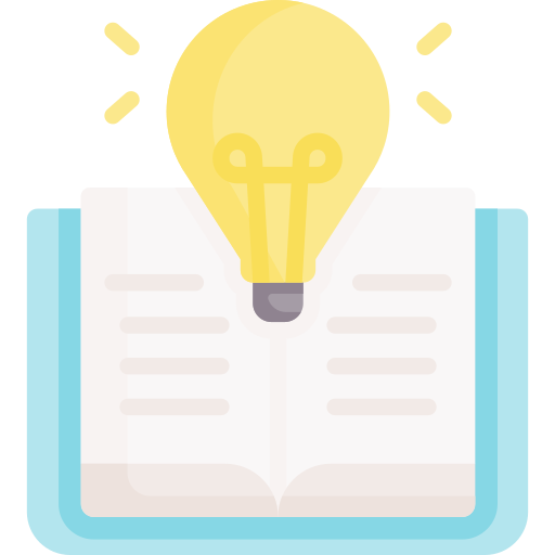 Cartoon image of an open book with a lightbulb in the middle