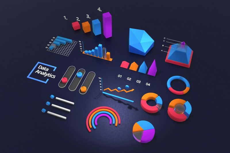 A colorful 3D data analytics illustration featuring various chart types: bar, pie, donut, line, pyramid, and radar.