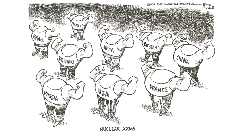A political cartoon depicting several countries flexing their muscles.