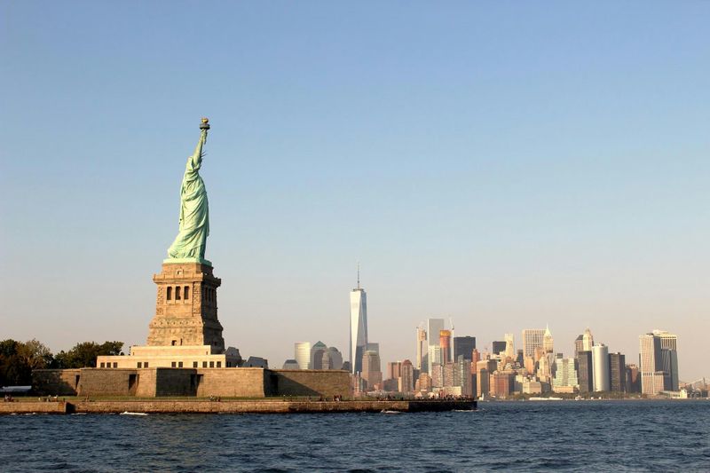 A view of the Statue of Liberty and New York City's skyline.