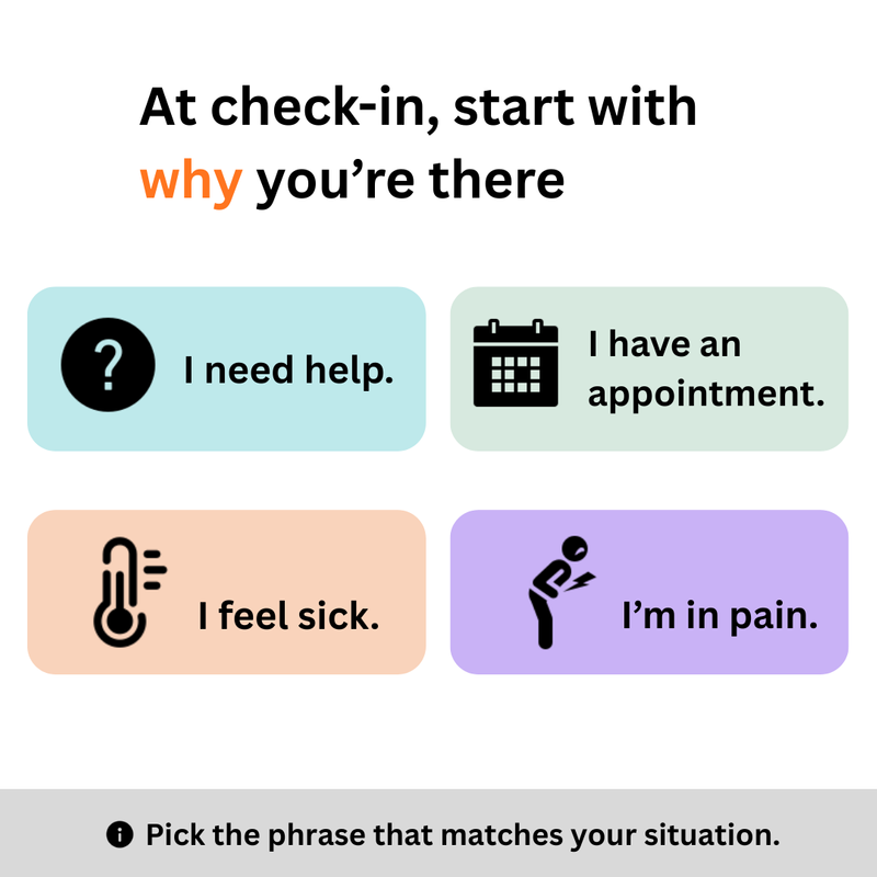 A graphic shows four check-in phrases: “I need help,” “I have an appointment,” “I feel sick,” and “I’m in pain.”