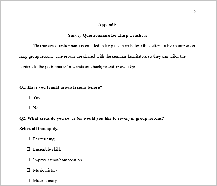 Appendix formatted in APA 7 with a label, descriptive title, and multiple-choice survey questions (audio description below).