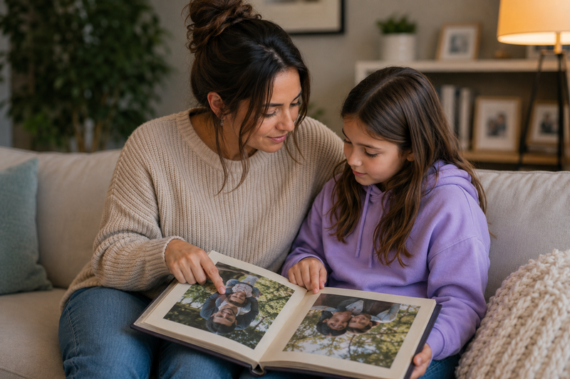 A woman and girl looking through a family photo album with pictures of her father.