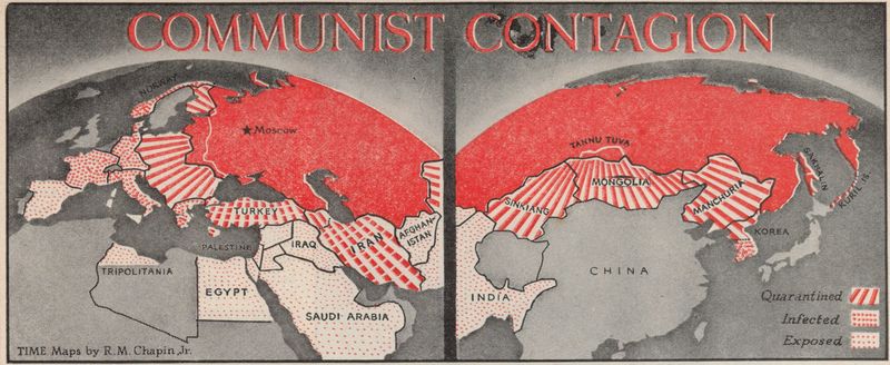 A US propaganda poster titled &apos;Communist Contagion&apos; depicting a map of potential Soviet takeover of various countries.