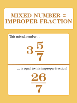 A mixed number = improper fraction. 3 wholes and five-sevenths is equal to 26 over 7. 