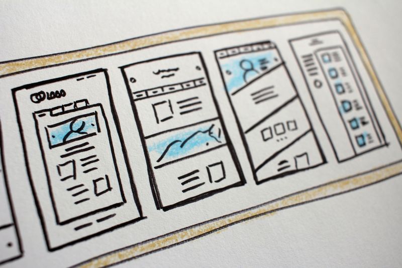 Hand-drawn wireframes showing multiple web page layouts on paper.