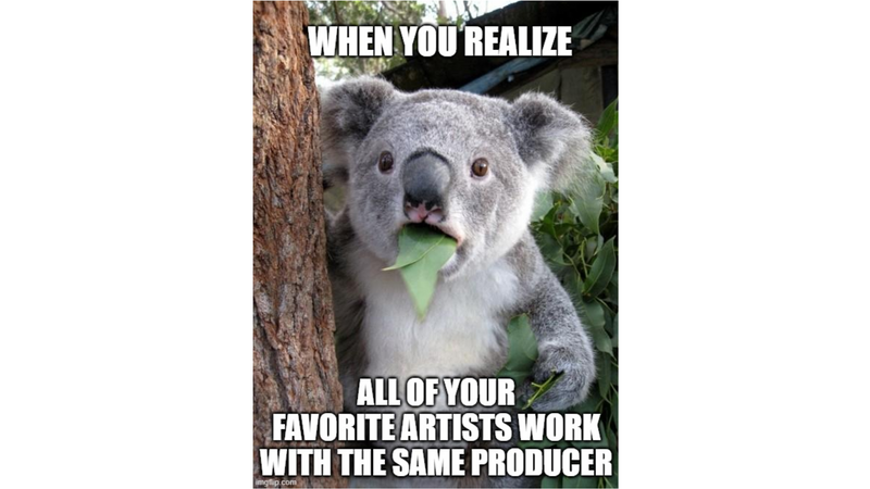 Surprised koala. The text reads, 'When you realize all of your favorite artists work with the same producer.'