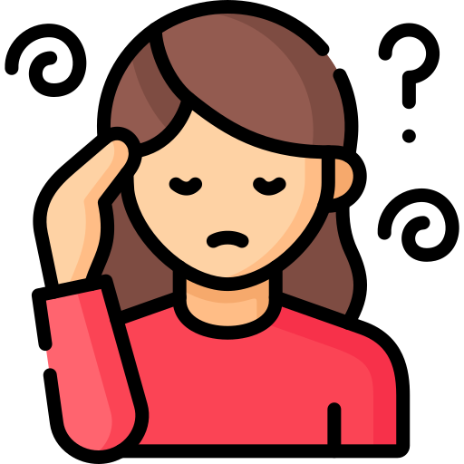 Icon of a woman with brown hair and a red shirt making a confused face