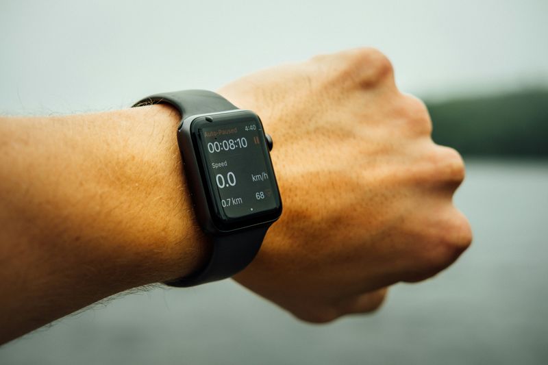 A smartwatch displaying workout tracking data.