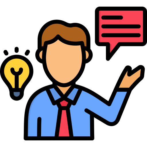 An icon of a man with a speech bubble on one side and a lightbulb on the other.