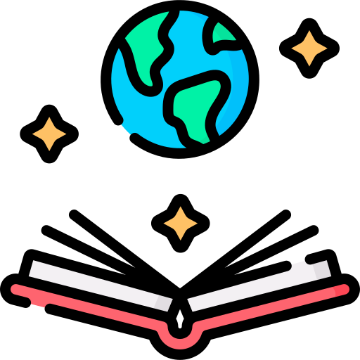 Icon: Open Book with a globe floating above it 