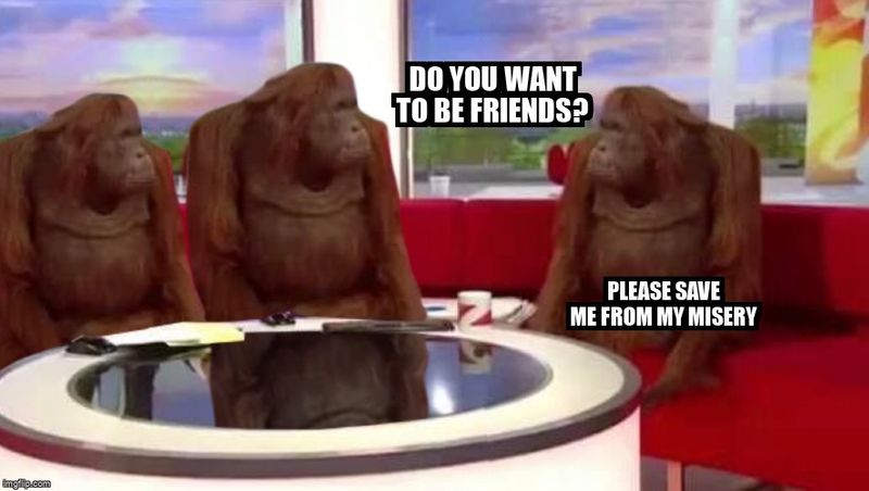 Two gorillas asking one gorilla if it wants to be friends. The other gorilla says, 