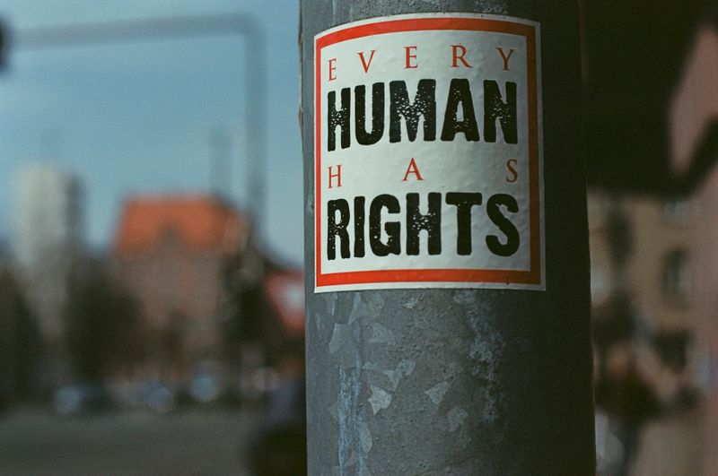 A sticker on a lamp post that reads, 'Every human has rights.'