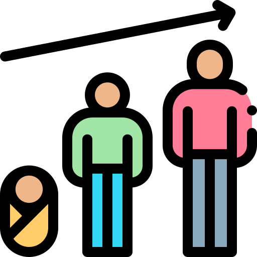 Icon of a baby, child and adult arranged from left to right. An arrow is slanted over their heads indicating aging and growth