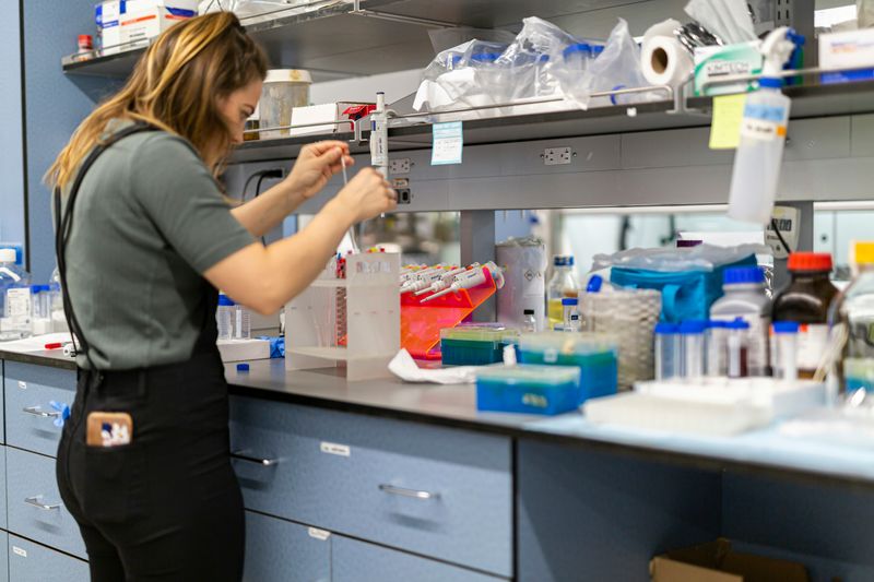 A person in a lab holding test tubes.