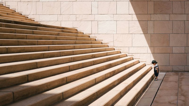 A small child in front of a lot of stairs outside. This child will take on climbing the stairs.