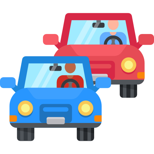 Illustration of three blue cars in traffic. There's a person in the front car. Via www.flaticon.com