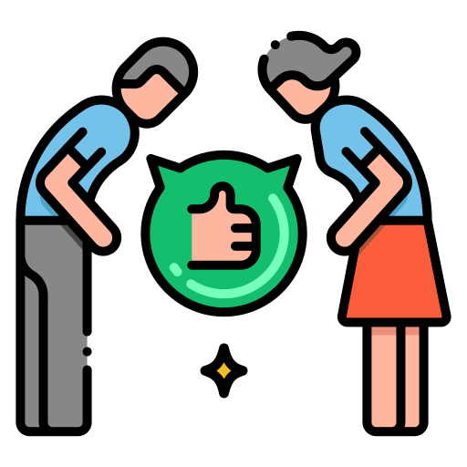 Two people face each other and bow. A speech bubble with a thumbs up is in the middle of them.