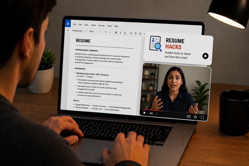 A man edits his resume on a laptop while viewing an online video about resume hacks and tricks to stand out from the crowd.