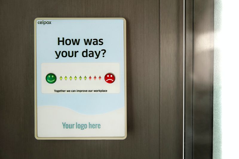 A  tablet with a question asking 'How was your day?' with a rating scale.