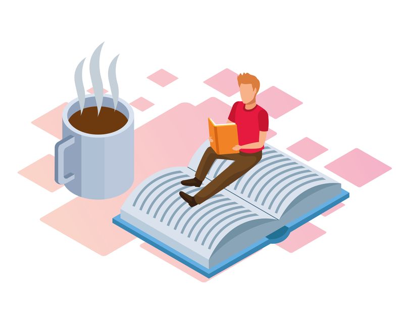 An illustration of a man sitting on an oversized book reading a book next to a steaming coffee mug.