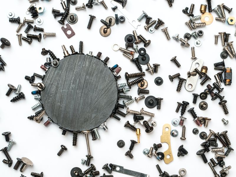 Metal bolts and screws scattered across a white table. Some of the bolts and screws are attached to a large circular magnet. 