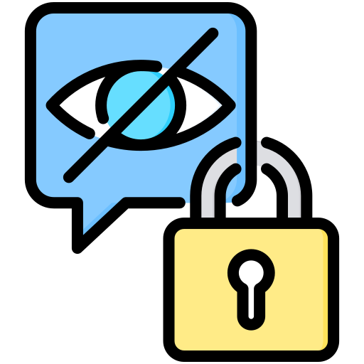 Icon: Speech bubble with an eye crossed out by a diagonal line inside it and a lock attached to the bubble