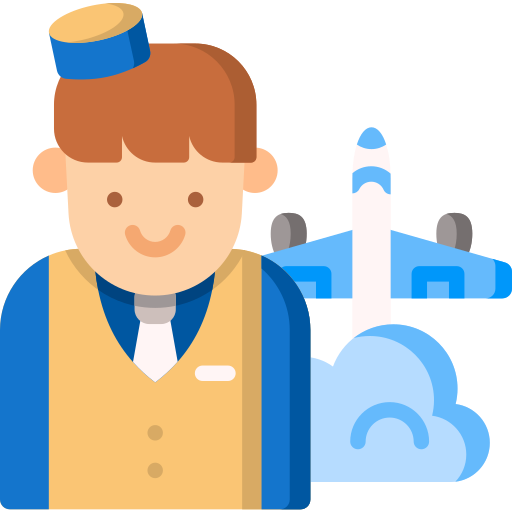 Flight attendant with a plane behind them icon