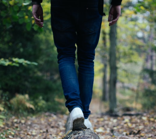 Person walking away from the camera into the woods.