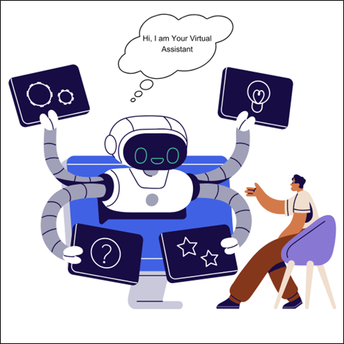 An animated AI chatbot with four arms talking to a human and saying, 