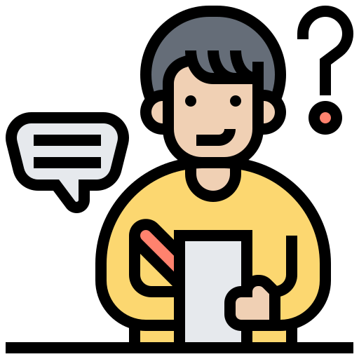 A man writing on paper with a question mark and speech bubble surrounding him.