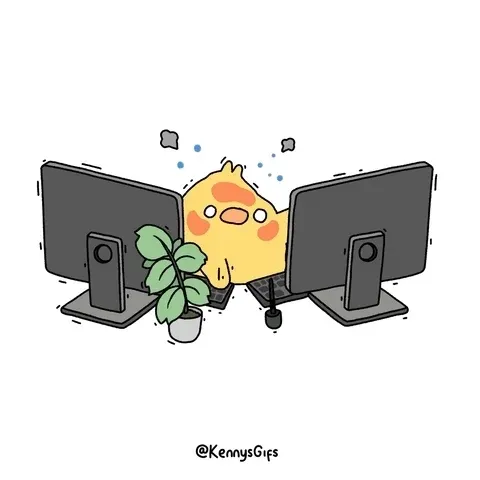An overwhelmed animated duck trying to multitask using two laptops.