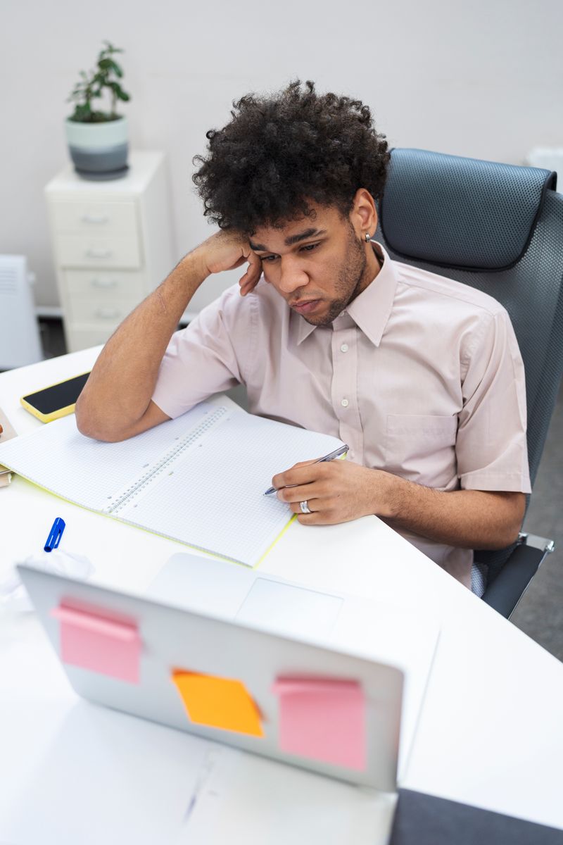 A young man sitting at his desk studying, with his hand on his head thinking