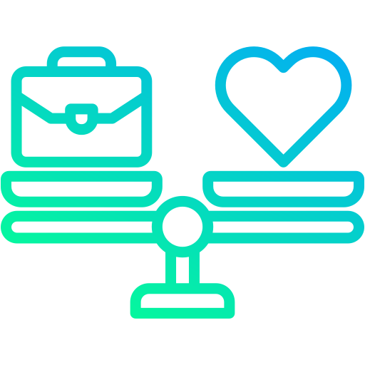 Icon: Symbol of work-life balance with a briefcase on one side of a balanced scale and love heart on the other