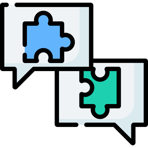 Icon of two chat boxes, each with a different coloured puzzle piece to symbolize compromise
