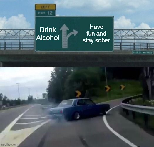 A car chooses between two paths on a highway: drink alcohol or have fun and stay sober.