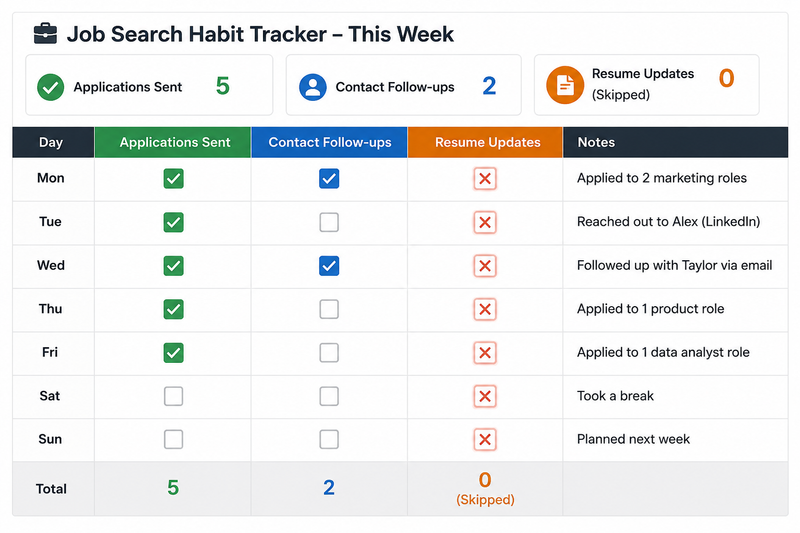 A job search habit journal tracking applications sent, follow-ups, resume updates, and notes.
