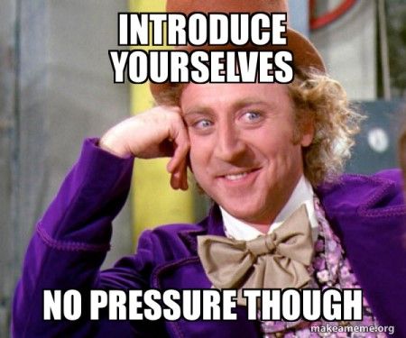 Smug Wonka meme, the top text reads, "Introduce yourselves." The bottom text reads, "No pressure, though."