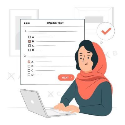 Illustration of female wearing a red headscarf at desk taking an online test on laptop with test paper image in background