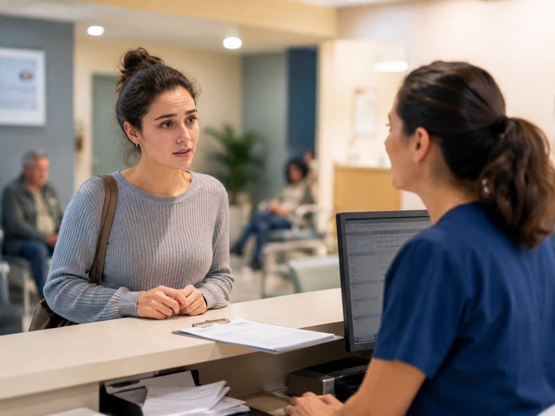 Patient speaks with a staff member at a hospital reception desk.