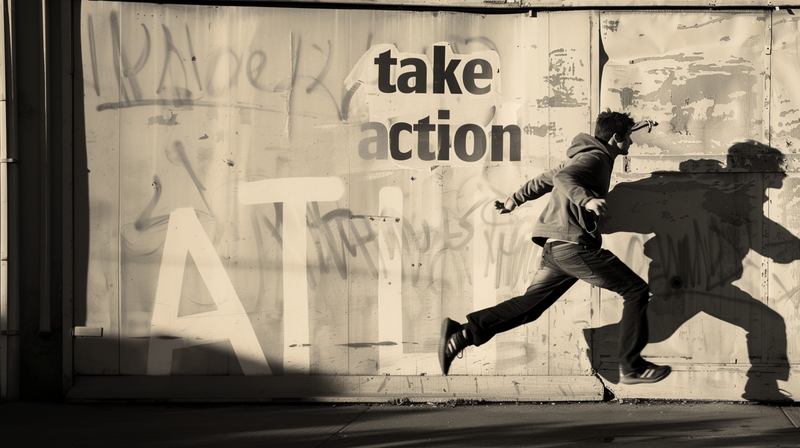 An AI generated image of a man running while the text behind him says 'Take Action'.