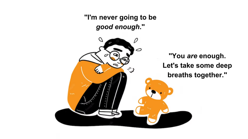 A male-presenting kid is huddled panicking and says they're not good enough. A teddy bear suggests to breathe together.