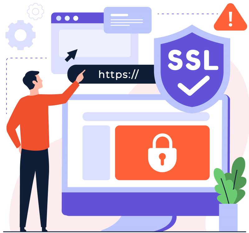 Decorative digital drawing depicting a man pointing to the SSL certificate on a web browser.
