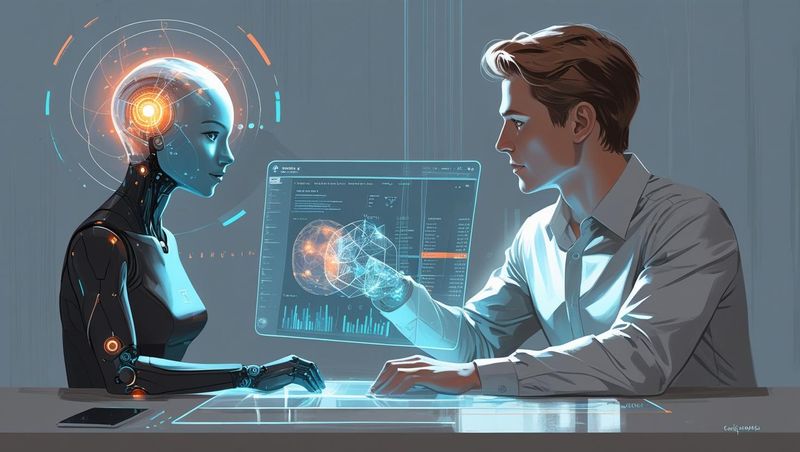 A human male and female robot working together through a holographic screen.