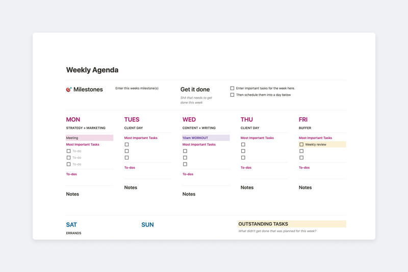 Weekly Agenda, Notion productivity template