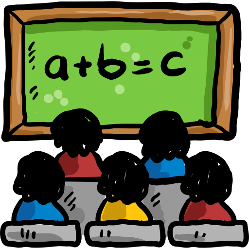 Vector Image of students in a classroom facing away from camera and looking at a green board with a + b = c