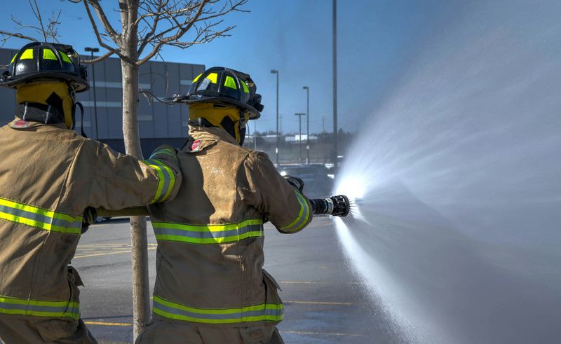 Firefighters handling a hose
