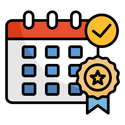 An icon of a calendar with a checkmark and badge.